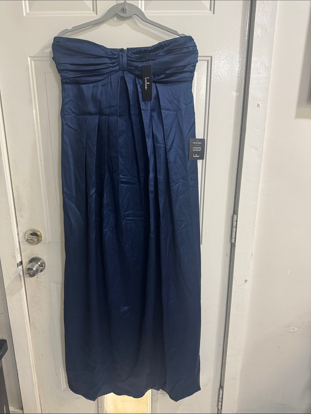 Lulu's Strapless Midnight Blue Satin Pleated Gown - Picture 8 of 10